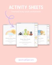Load image into Gallery viewer, Themed busy book worksheets on a pink background with 'goodnightfox.com' branding.