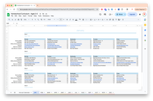 Load image into Gallery viewer, Google Sheets document titled 'Homeschool Curriculum' on a computer screen with weekly detailed lesson play topics and ideas for math, snack, sensory, craft, literacy
