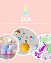 Load image into Gallery viewer, Promotional graphic for STEM activities with colorful science experiments on a pink background.
