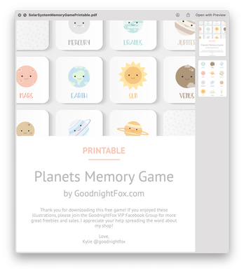 Planets Printable Memory Game