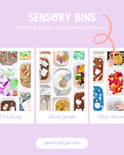 Load image into Gallery viewer, Collage of sensory bin ideas with text on a purple background