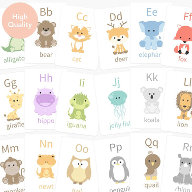 Animal alphabet flashcards featuring uppercase and lowercase letters for toddlers